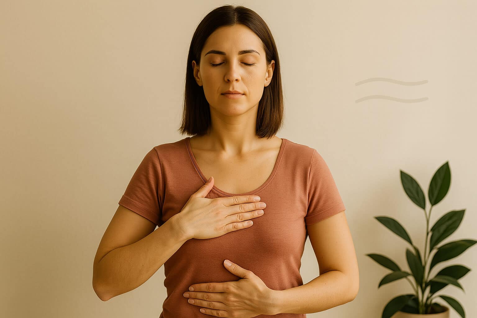 a woman with her hands on her chest