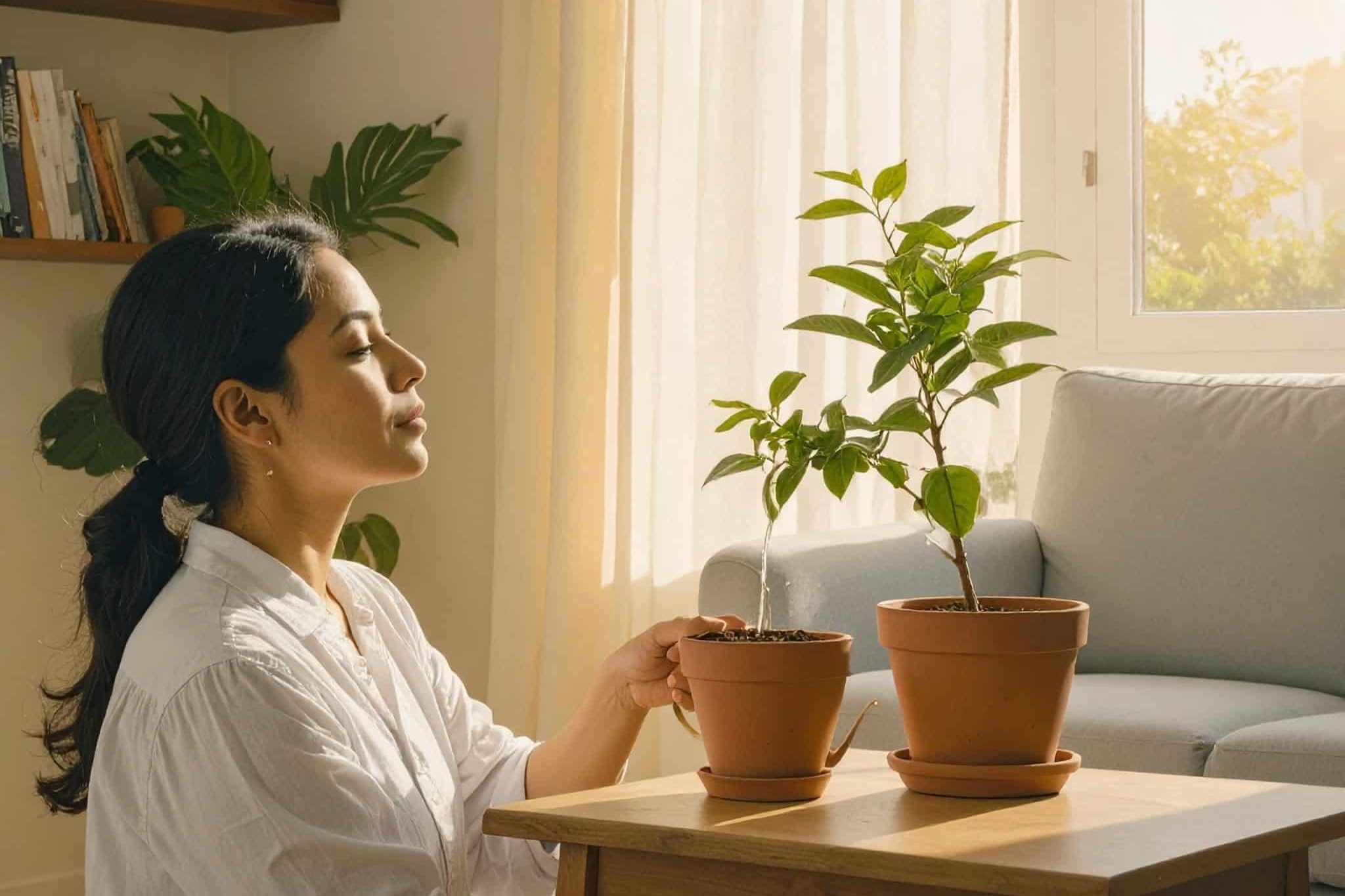 a woman holding a potted plant